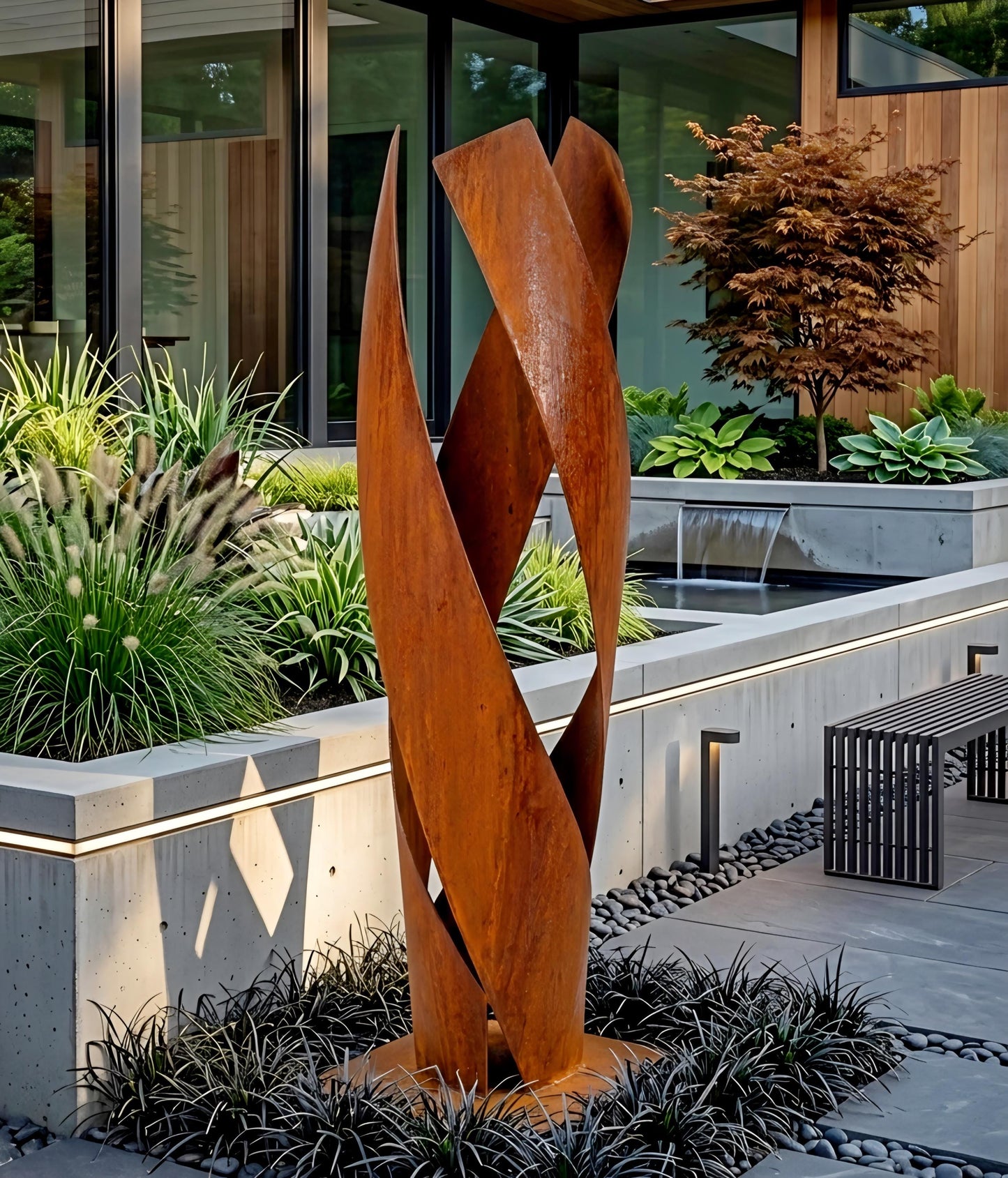 a modern outdoor garden with a large, abstract metal sculpture in the foreground. The sculpture has a twisted, organic shape that resembles a plant or tree. The garden is surrounded by various plants and trees, creating a lush and vibrant atmosphere. In the background, there is a building with large windows, adding to the overall aesthetic of the scene.