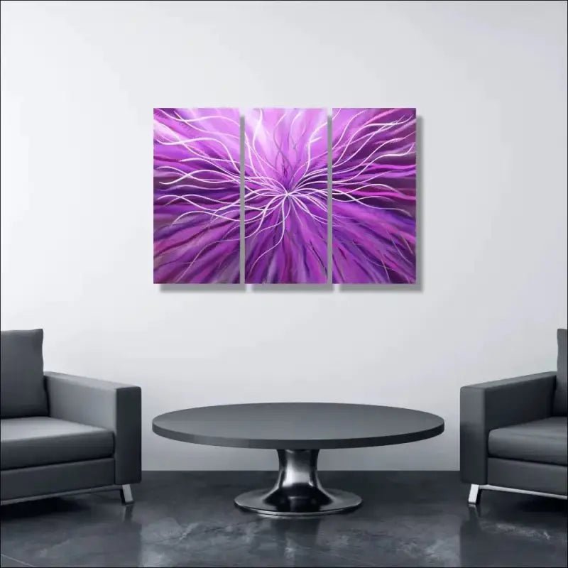 3 Piece Wall Art Titled "Radiation" (Purple Wall Art Set of 3) - Modern Elements Metal Art - ME4652180SX