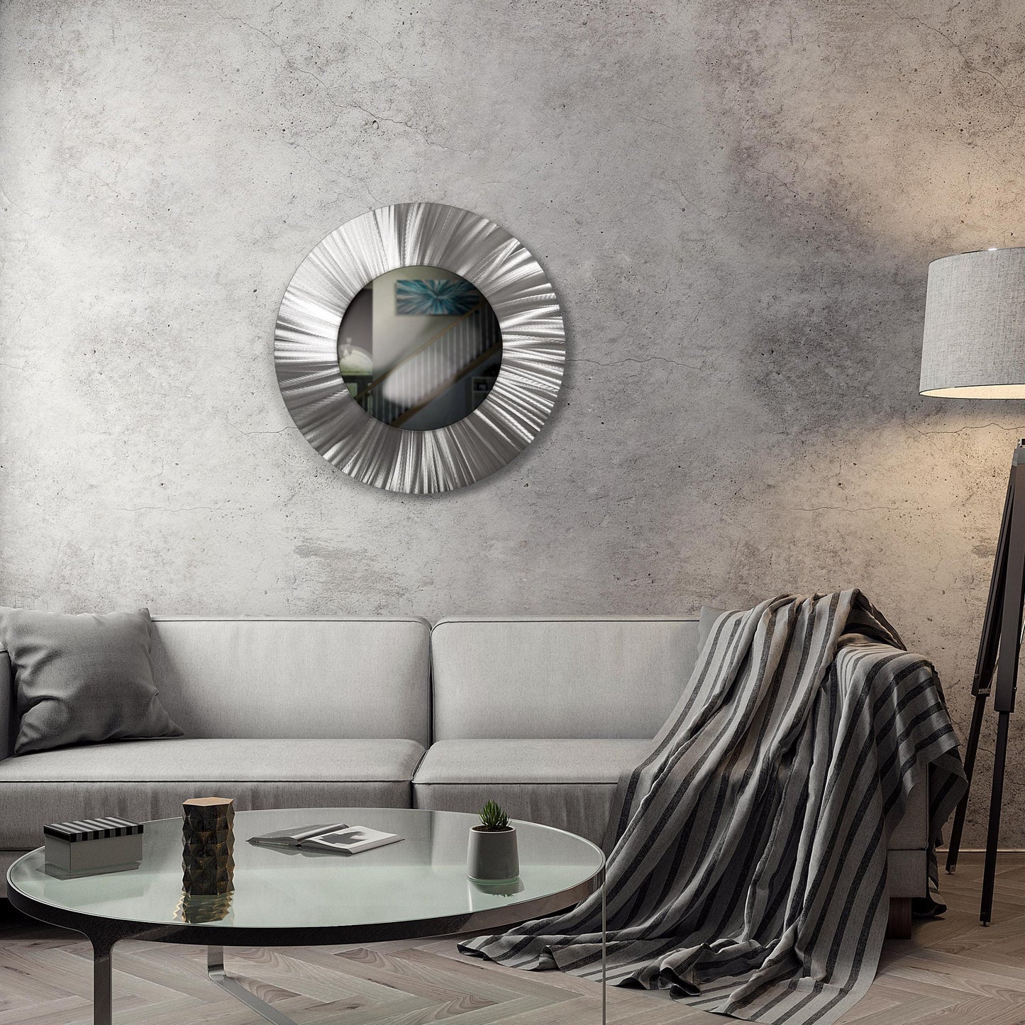 32" Silver Round Luxury Wall Mirror – Modern Metal Art Sculpture Accent for Living Room - Modern Elements Metal Art - MJ852727