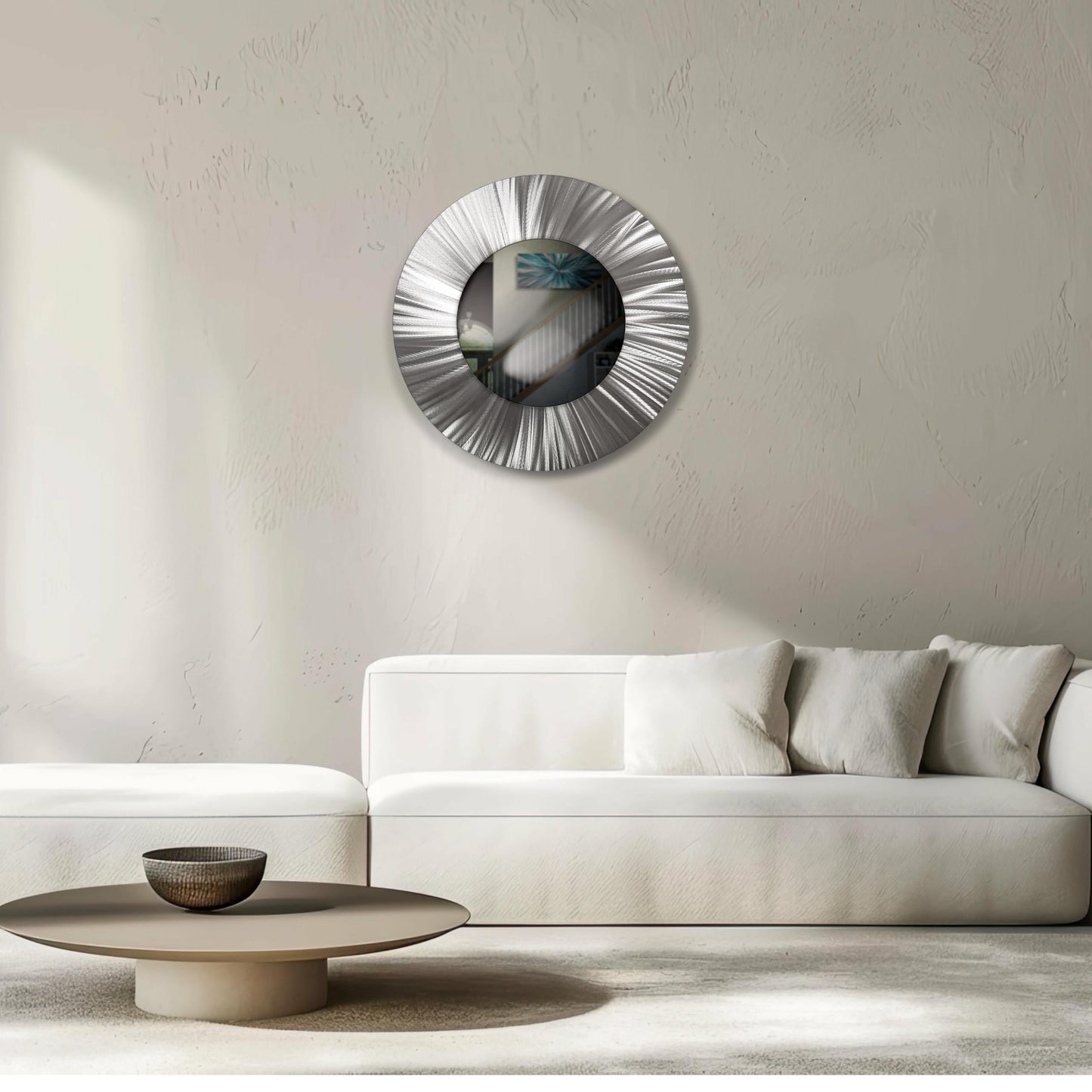 32" Silver Round Luxury Wall Mirror – Modern Metal Art Sculpture Accent for Living Room - Modern Elements Metal Art - MJ852727