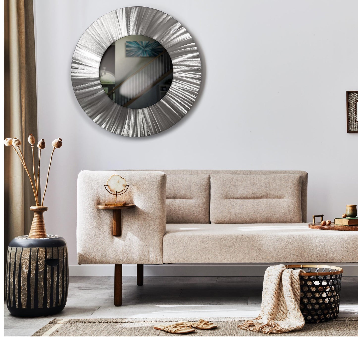 32" Silver Round Luxury Wall Mirror – Modern Metal Art Sculpture Accent for Living Room - Modern Elements Metal Art - MJ852727