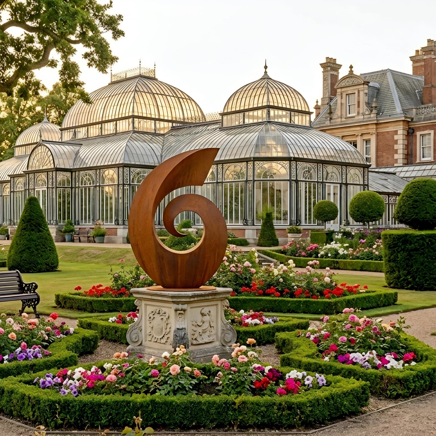 A large, ornate sculpture of the number 6 stands in a well-manicured garden, surrounded by colorful flowers and lush greenery. In the background, there is a large, domed greenhouse with intricate architectural details.