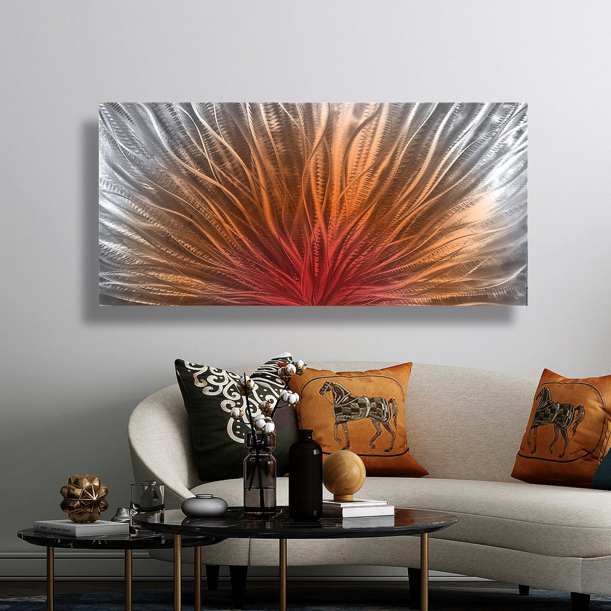 Abstract Metal Wall Art: Silver Red Orange Wall Sculpture, Modern Home Decor