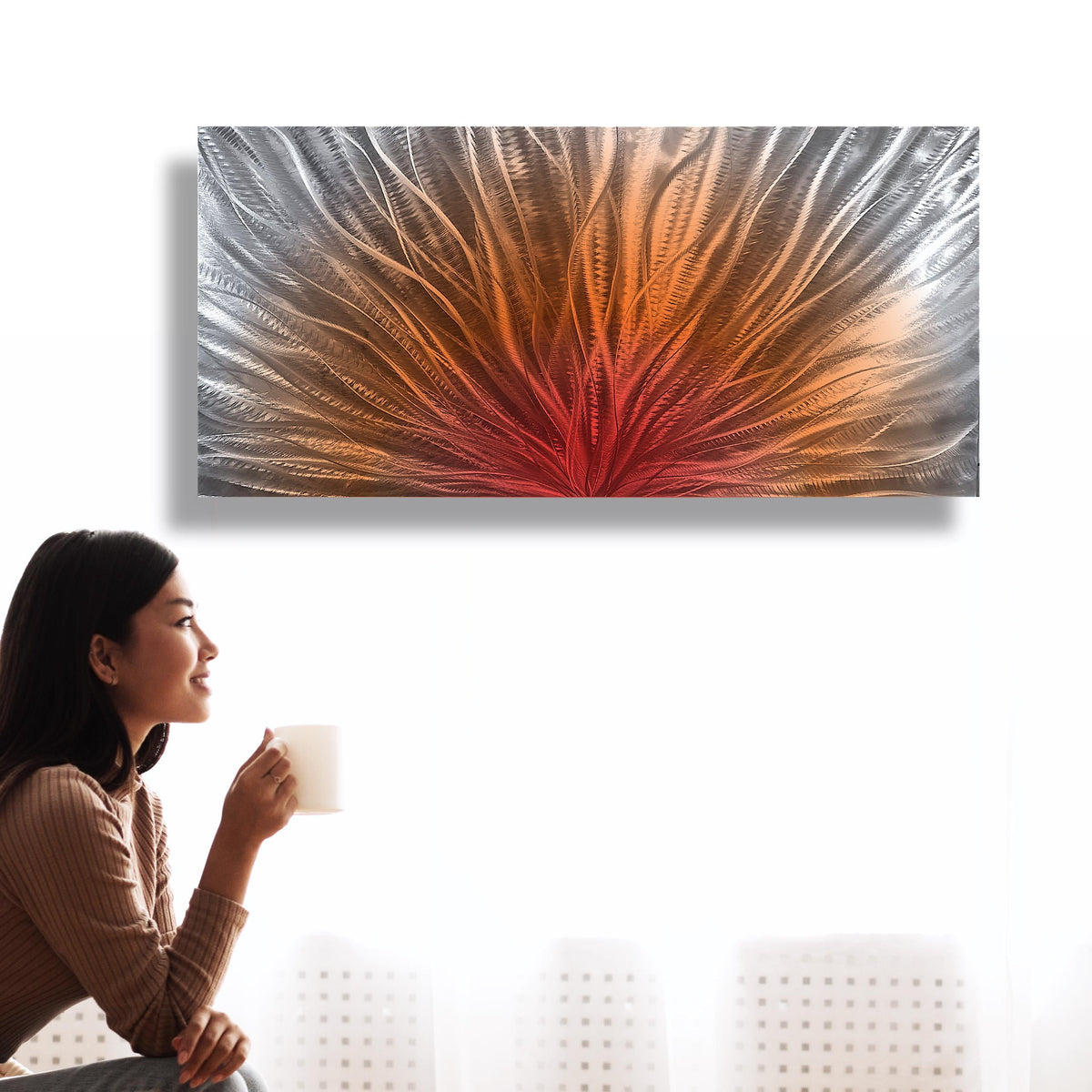 Abstract Metal Wall Art: Silver Red Orange Wall Sculpture, Modern Home Decor