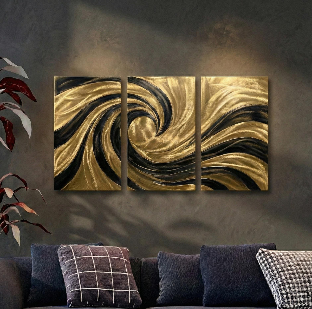 Black & Gold Metal Abstract Wall Art: 3-Panel Modern Sculpture