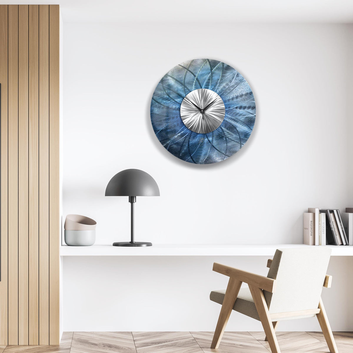 Blue Wall Clock: Unique Abstract Modern Metal Wall Sculpture, 24"