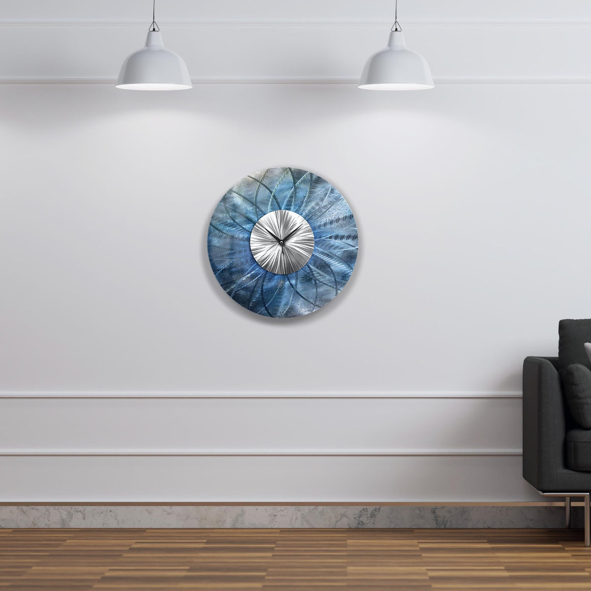 Blue Wall Clock: Unique Abstract Modern Metal Wall Sculpture, 24"