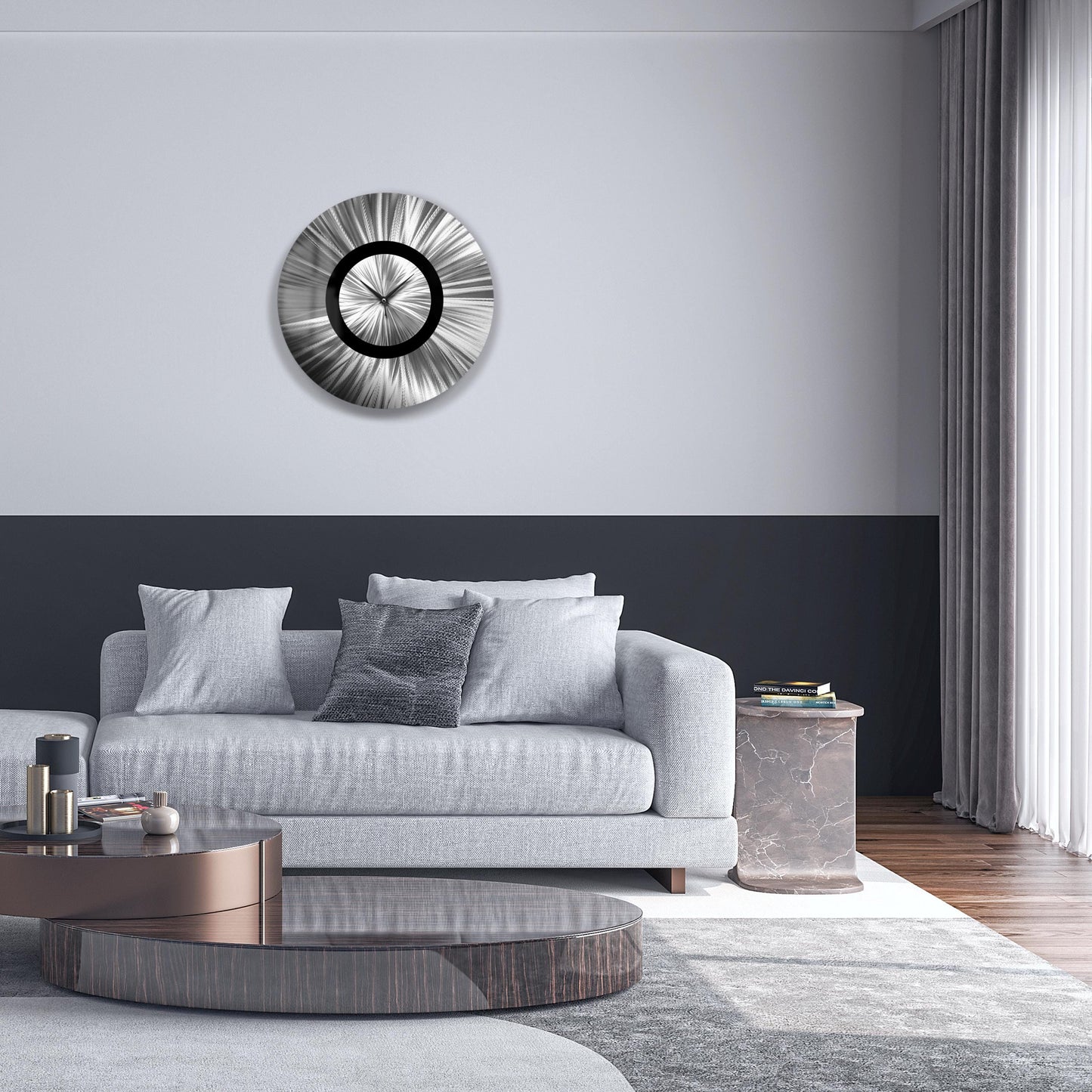 Metal Wall Clock: Abstract Modern Silver Wall Sculpture, 24"