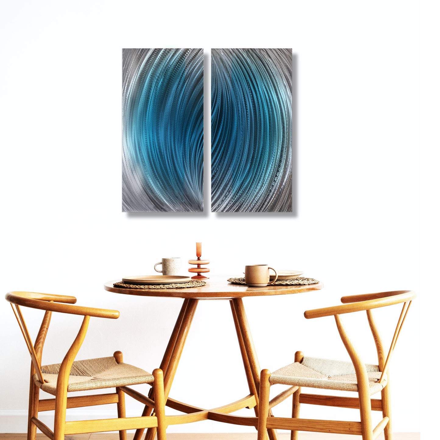 Modern Blue Metal Wall Art: Handcrafted Abstract Wall Sculpture (Set of 2)