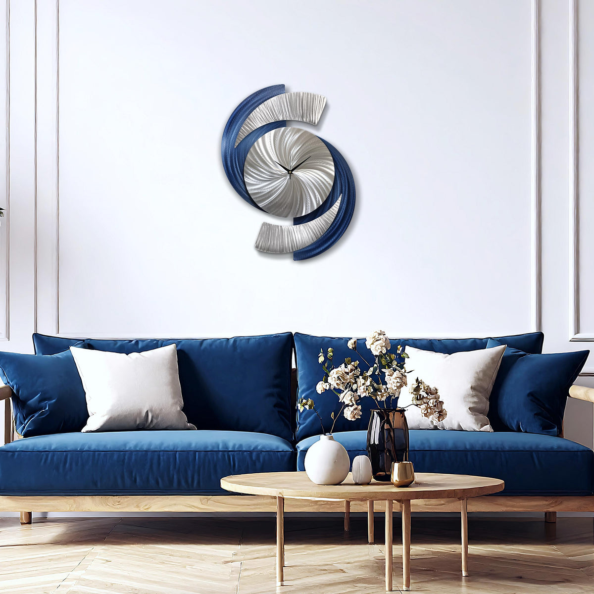 Navy Blue Clock: Abstract Modern Silver Metal Sculpture, 18x24"