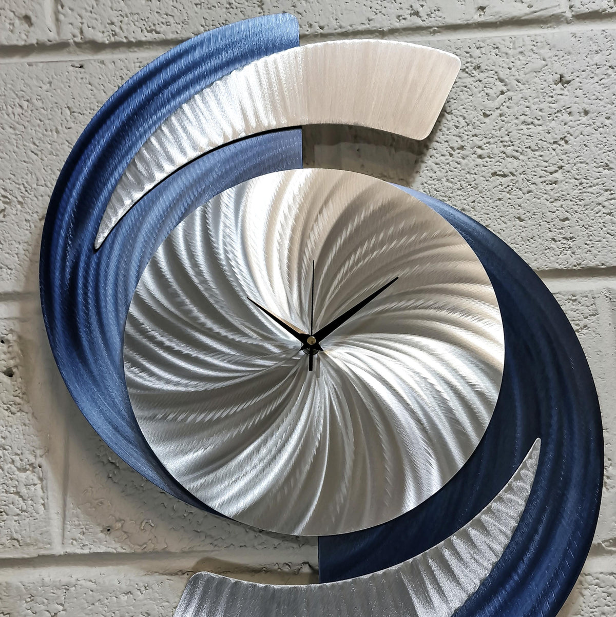 Navy Blue Clock: Abstract Modern Silver Metal Sculpture, 18x24"