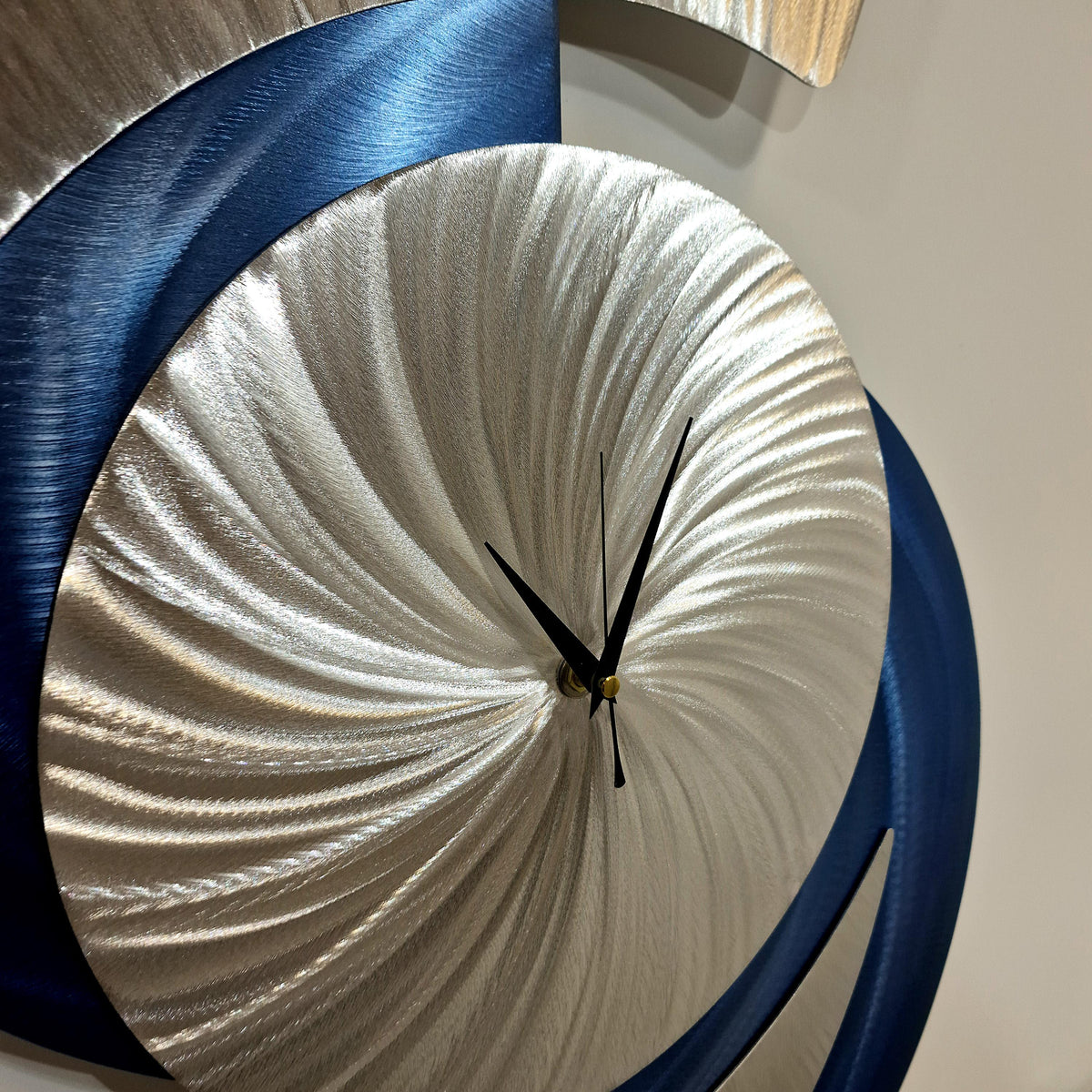 Navy Blue Clock: Abstract Modern Silver Metal Sculpture, 18x24"