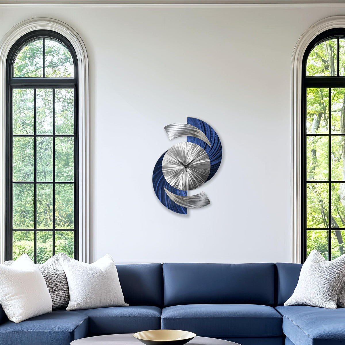 Navy Blue Wall Clock – Modern Silver Metal Wall Art for Home & Office