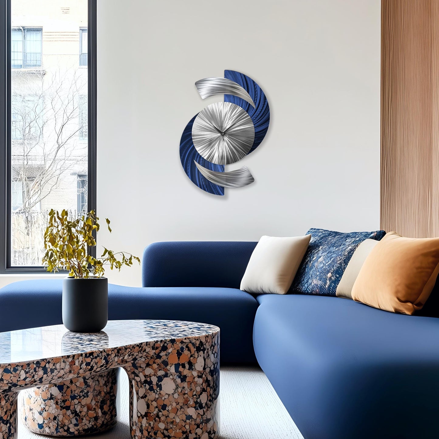 Navy Blue Wall Clock – Modern Silver Metal Wall Art for Home & Office