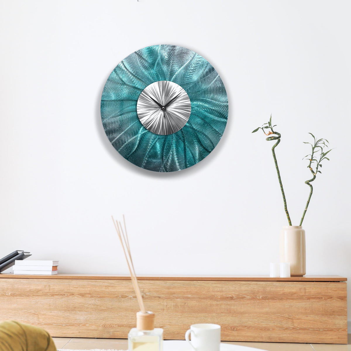 Teal Metal Wall Clock: Unique Abstract Wall Sculpture, 24"