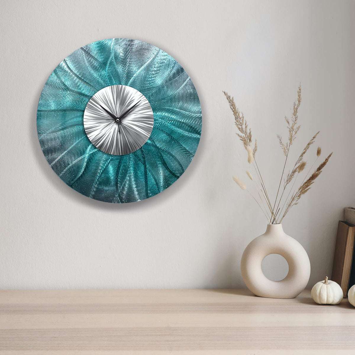 Teal Metal Wall Clock: Unique Abstract Wall Sculpture, 24"