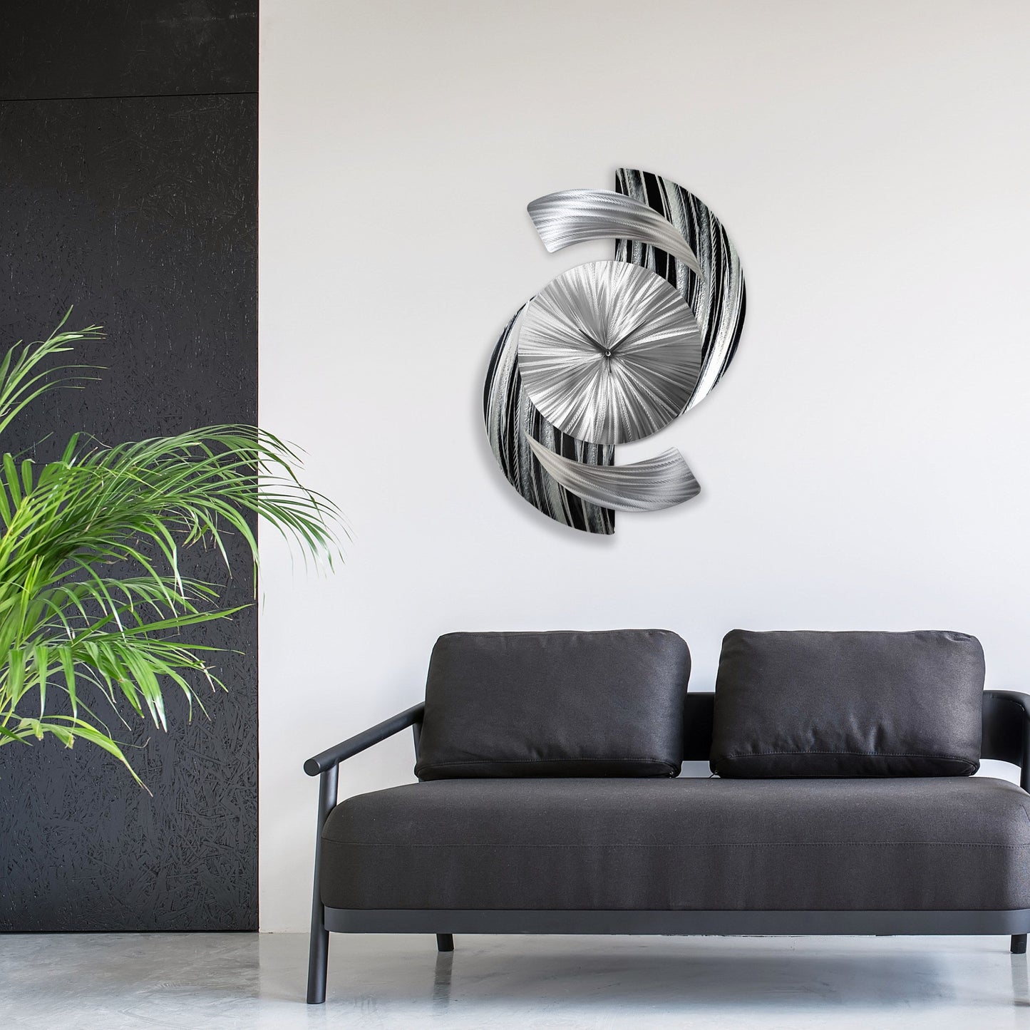 Abstract Black & Silver Metal Wall Clock Titled Elliptical - Modern Elements Metal Art - ME9627998
