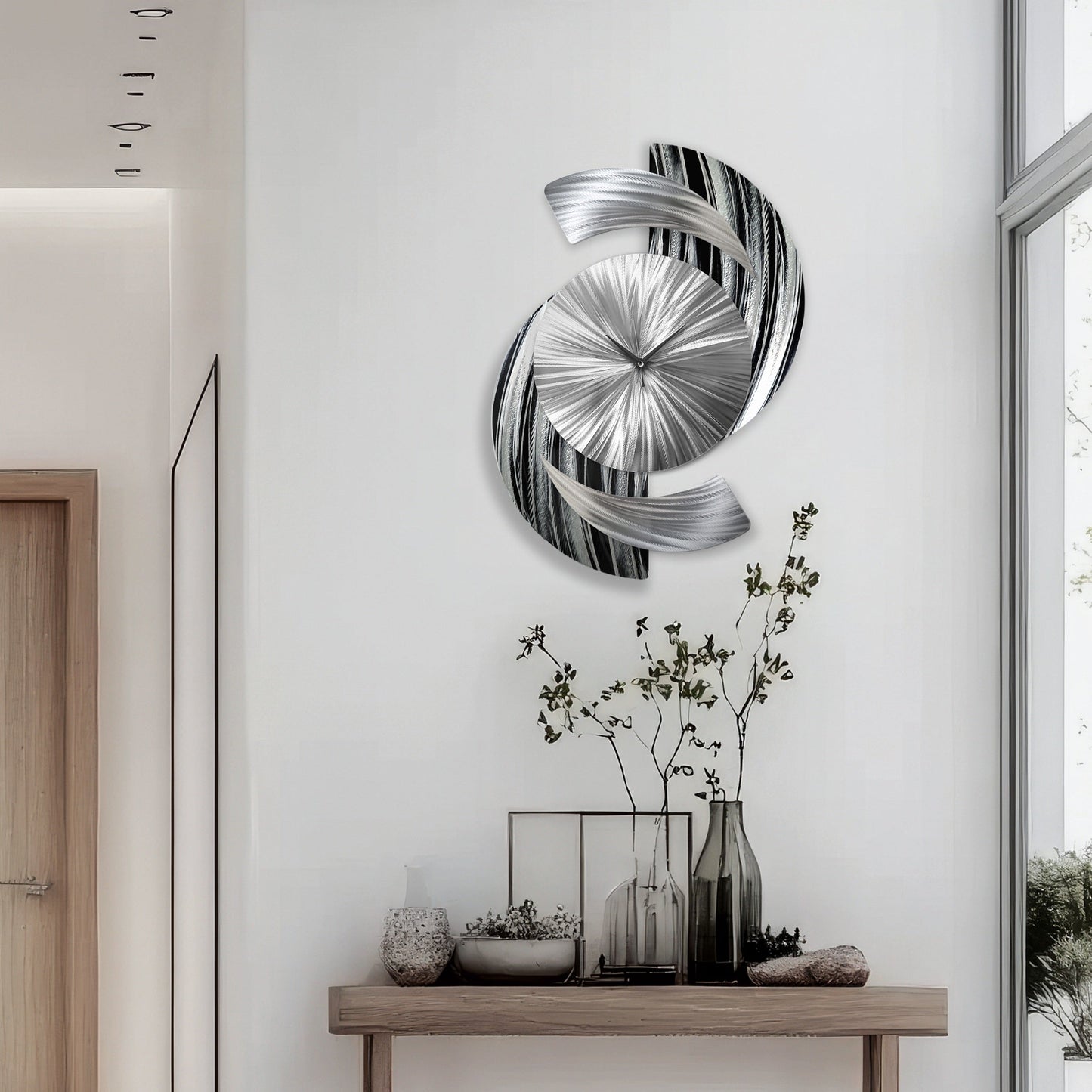 Abstract Black & Silver Metal Wall Clock Titled Elliptical - Modern Elements Metal Art - ME9627998