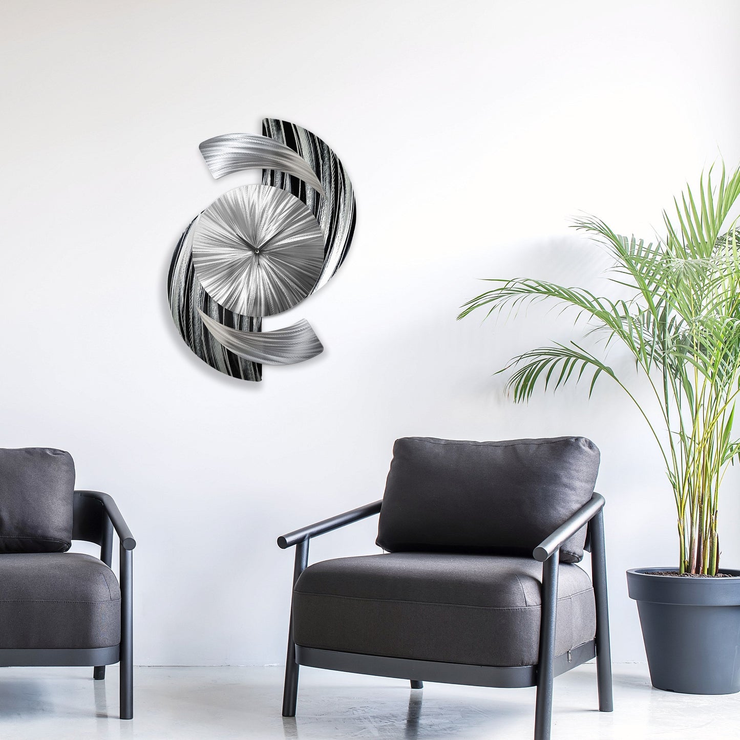 Abstract Black & Silver Metal Wall Clock Titled Elliptical - Modern Elements Metal Art - ME9627998