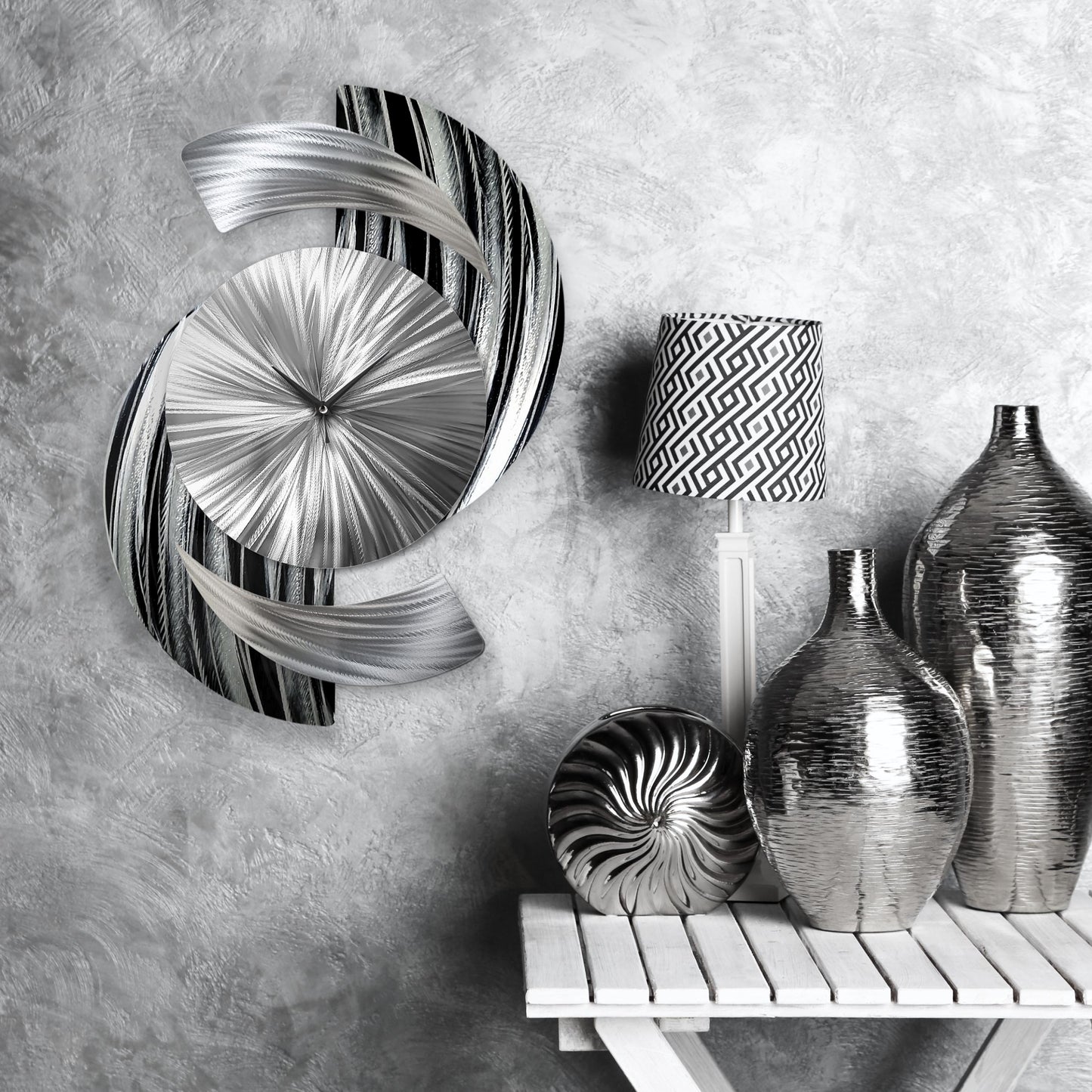 Abstract Black & Silver Metal Wall Clock Titled Elliptical - Modern Elements Metal Art - ME9627998