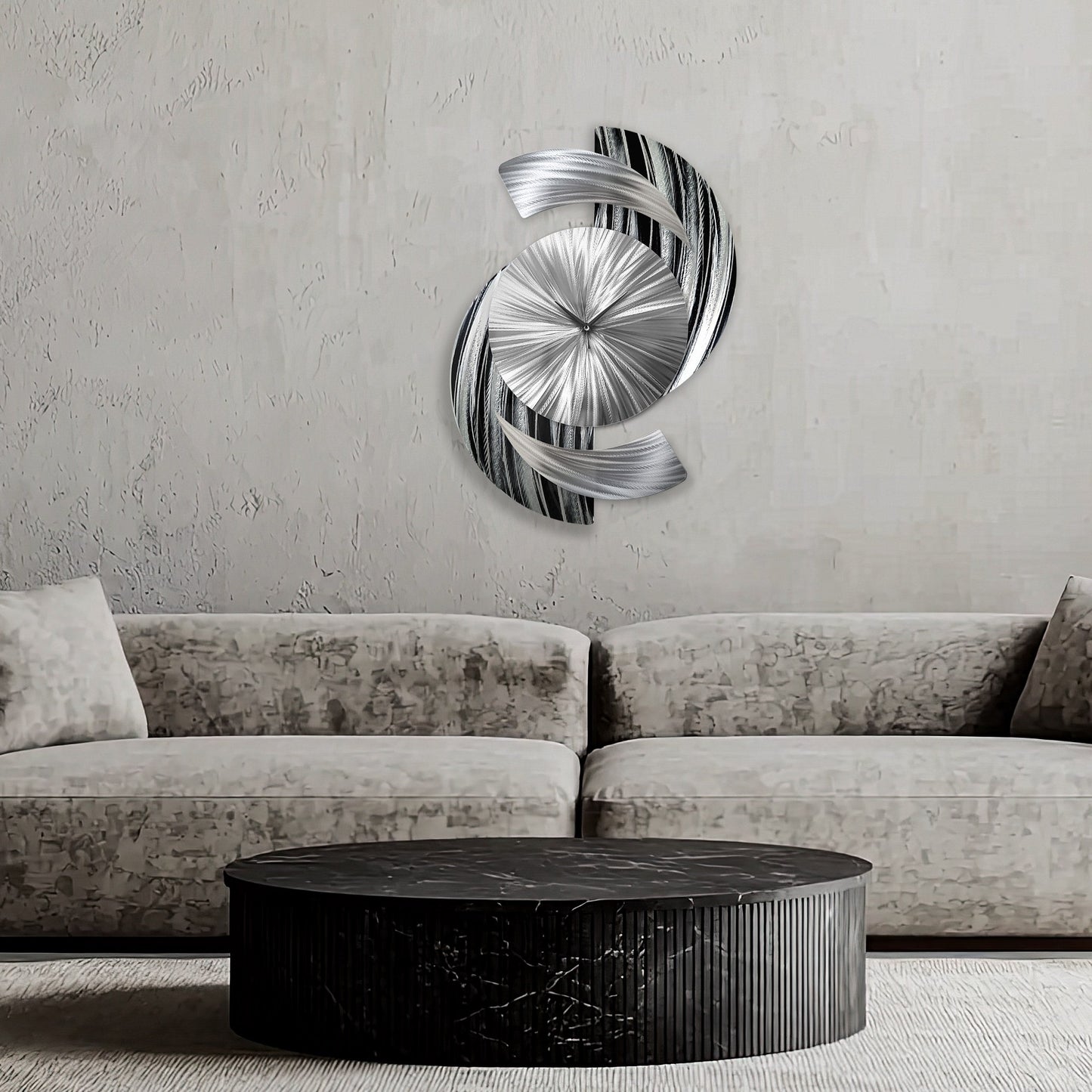 Abstract Black & Silver Metal Wall Clock Titled Elliptical - Modern Elements Metal Art - ME9627998