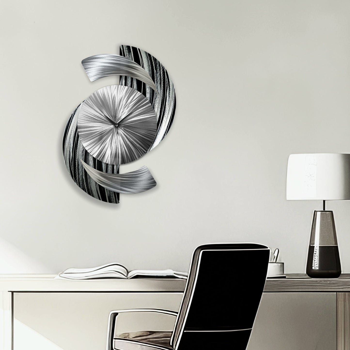Abstract Black & Silver Metal Wall Clock Titled Elliptical - Modern Elements Metal Art - ME9627998