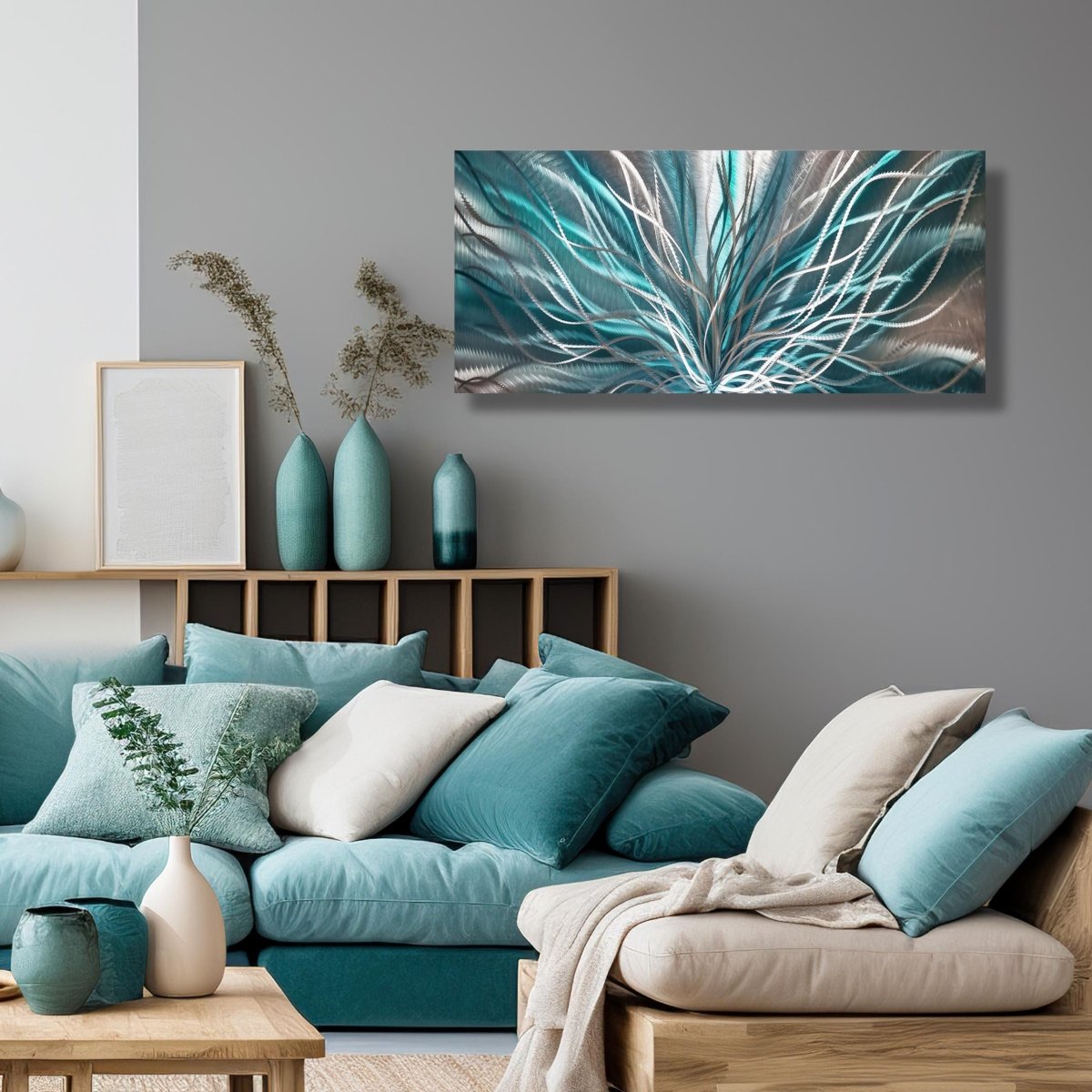 Abstract Teal & Silver Metal Wall Art – Modern Statement – Unique Contemporary Decor - Modern Elements Metal Art - ME7795HJ
