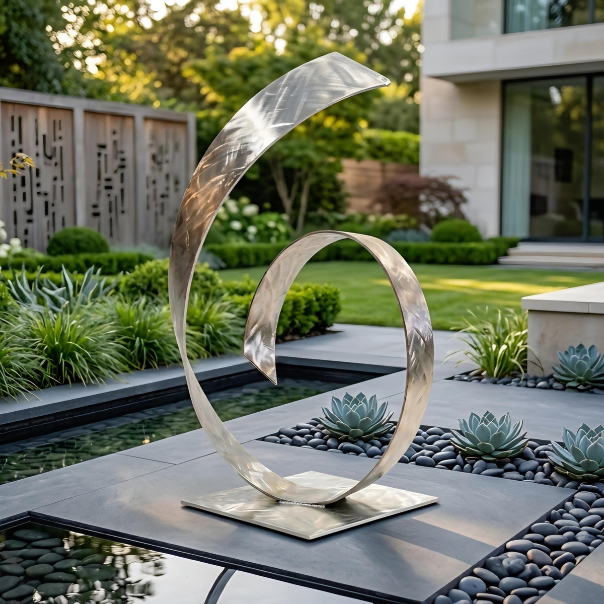 a modern garden sculpture with a unique, curving design that resembles a spiral or a wave. The sculpture is situated in a garden setting with a pond, surrounded by lush greenery and rocks.