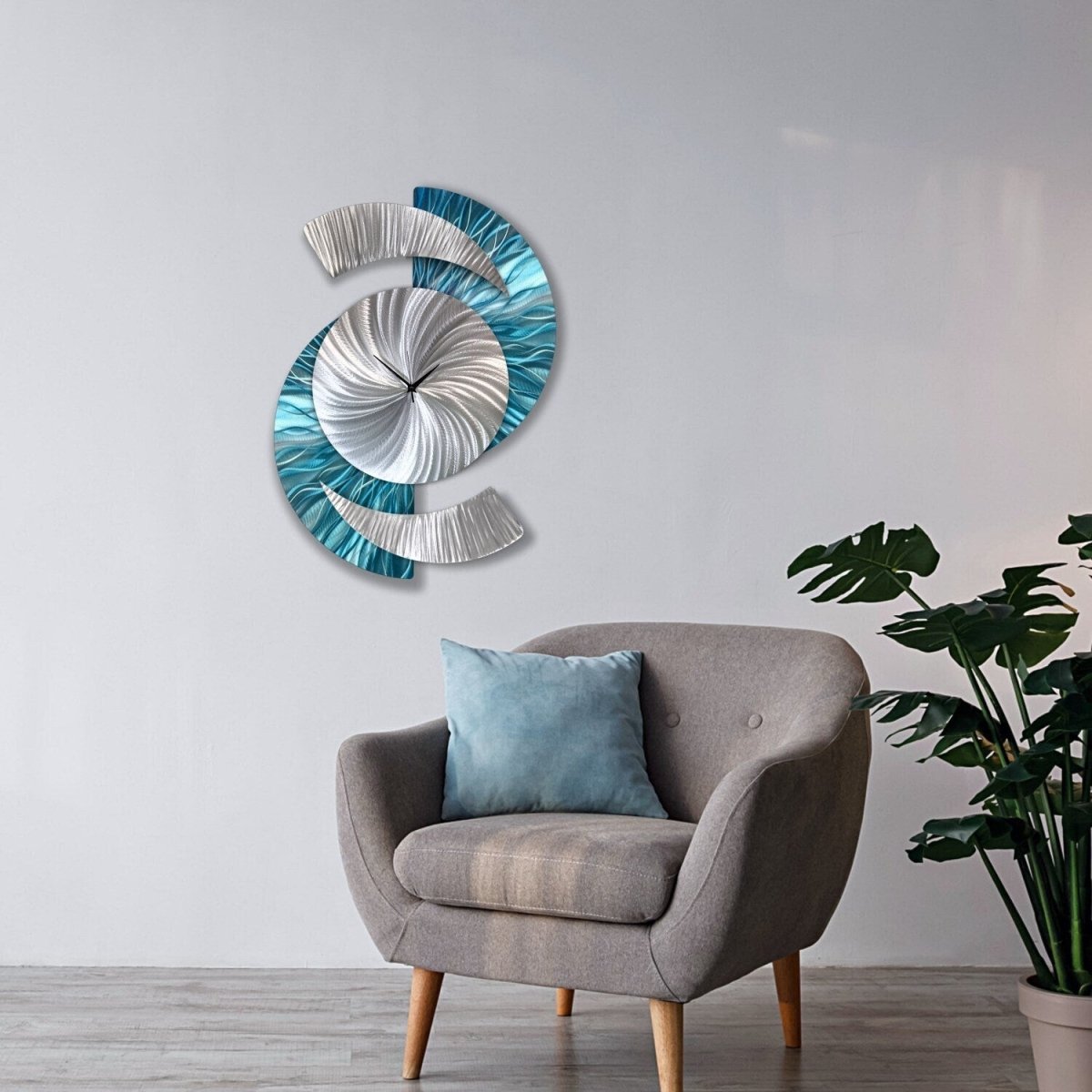 Blue & Silver Metal Wall Clock – Unique Abstract Wall Sculpture for Home or Office 18x24" - Modern Elements Metal Art - INV69932SM