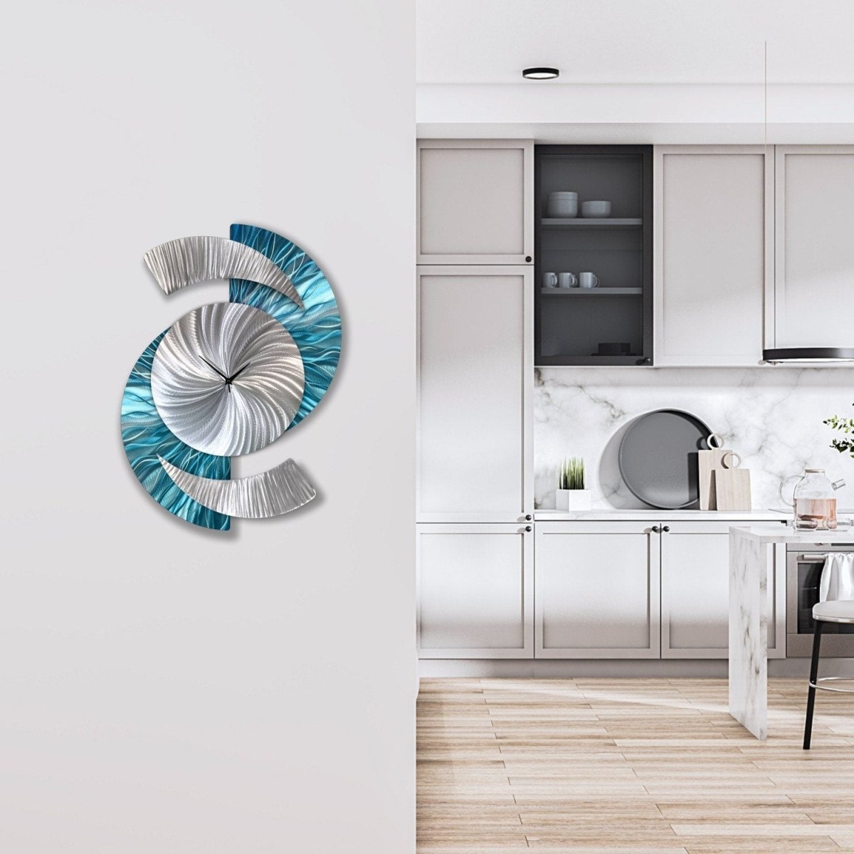 Blue & Silver Metal Wall Clock – Unique Abstract Wall Sculpture for Home or Office 18x24" - Modern Elements Metal Art - INV69932SM