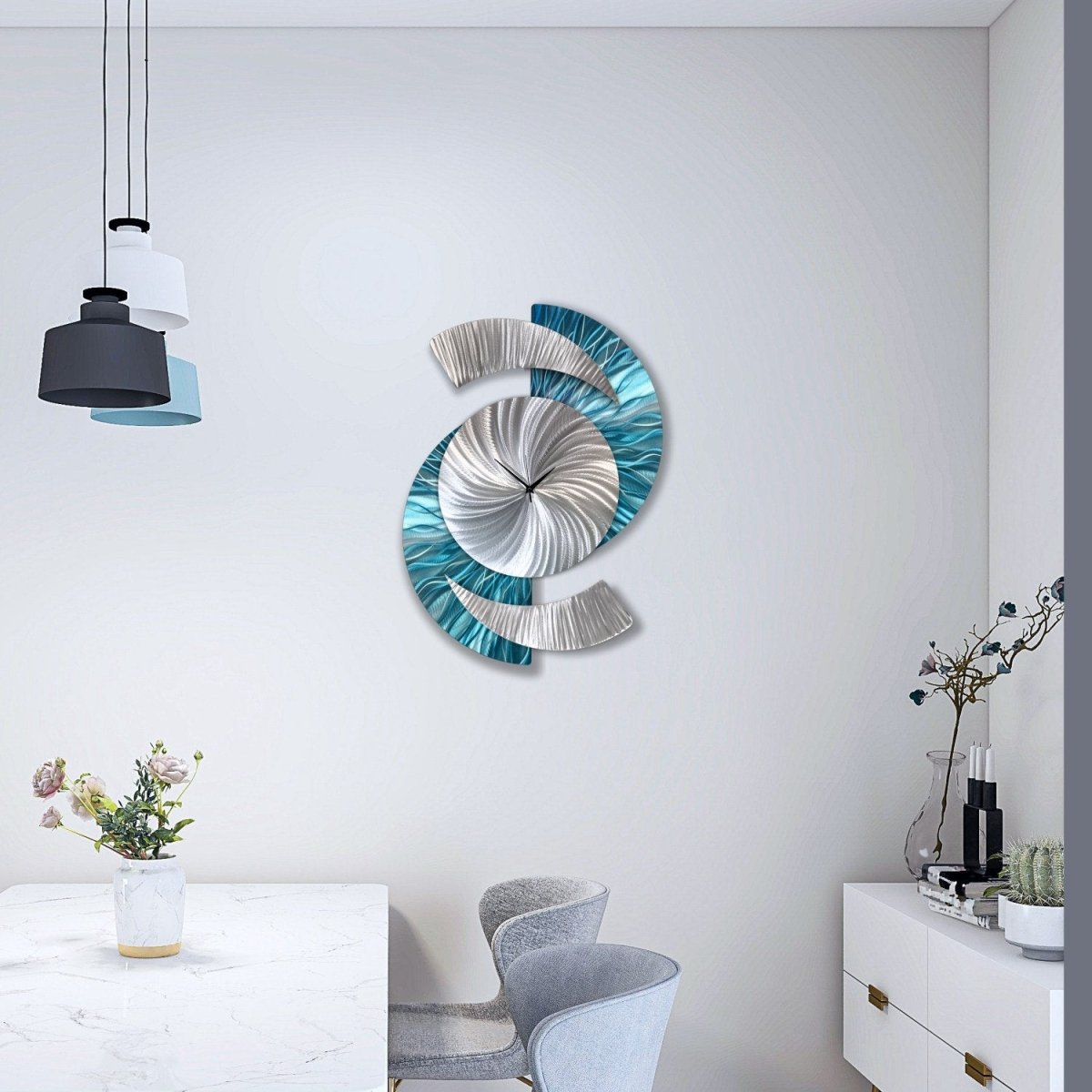 Blue & Silver Metal Wall Clock – Unique Abstract Wall Sculpture for Home or Office 18x24" - Modern Elements Metal Art - INV69932SM