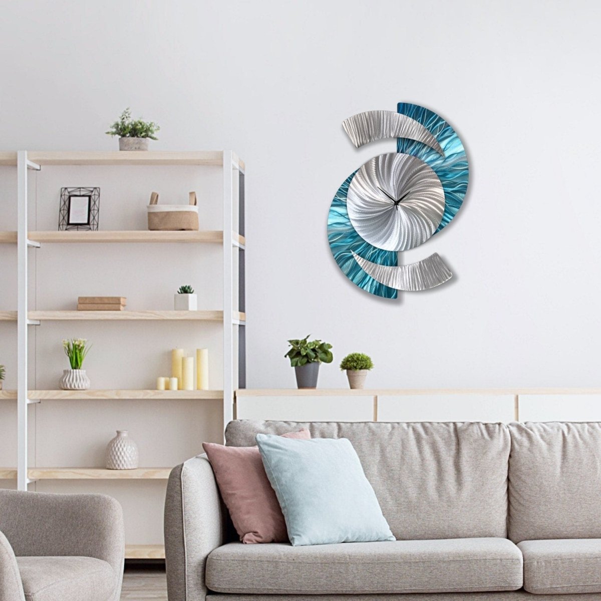 Blue & Silver Metal Wall Clock – Unique Abstract Wall Sculpture for Home or Office 18x24" - Modern Elements Metal Art - INV69932SM