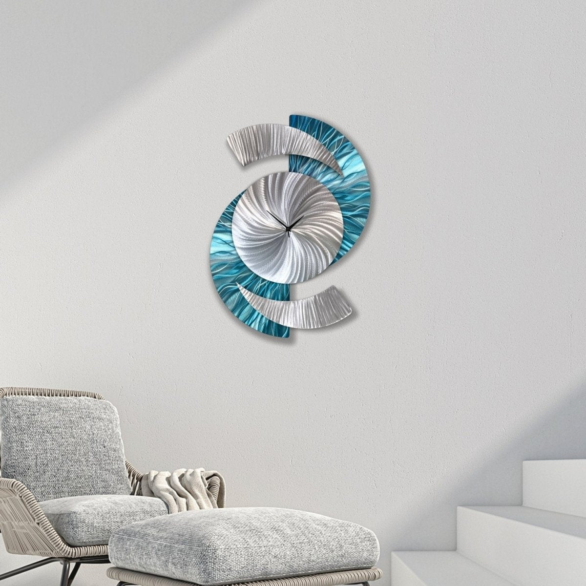Blue & Silver Metal Wall Clock – Unique Abstract Wall Sculpture for Home or Office 18x24" - Modern Elements Metal Art - INV69932SM