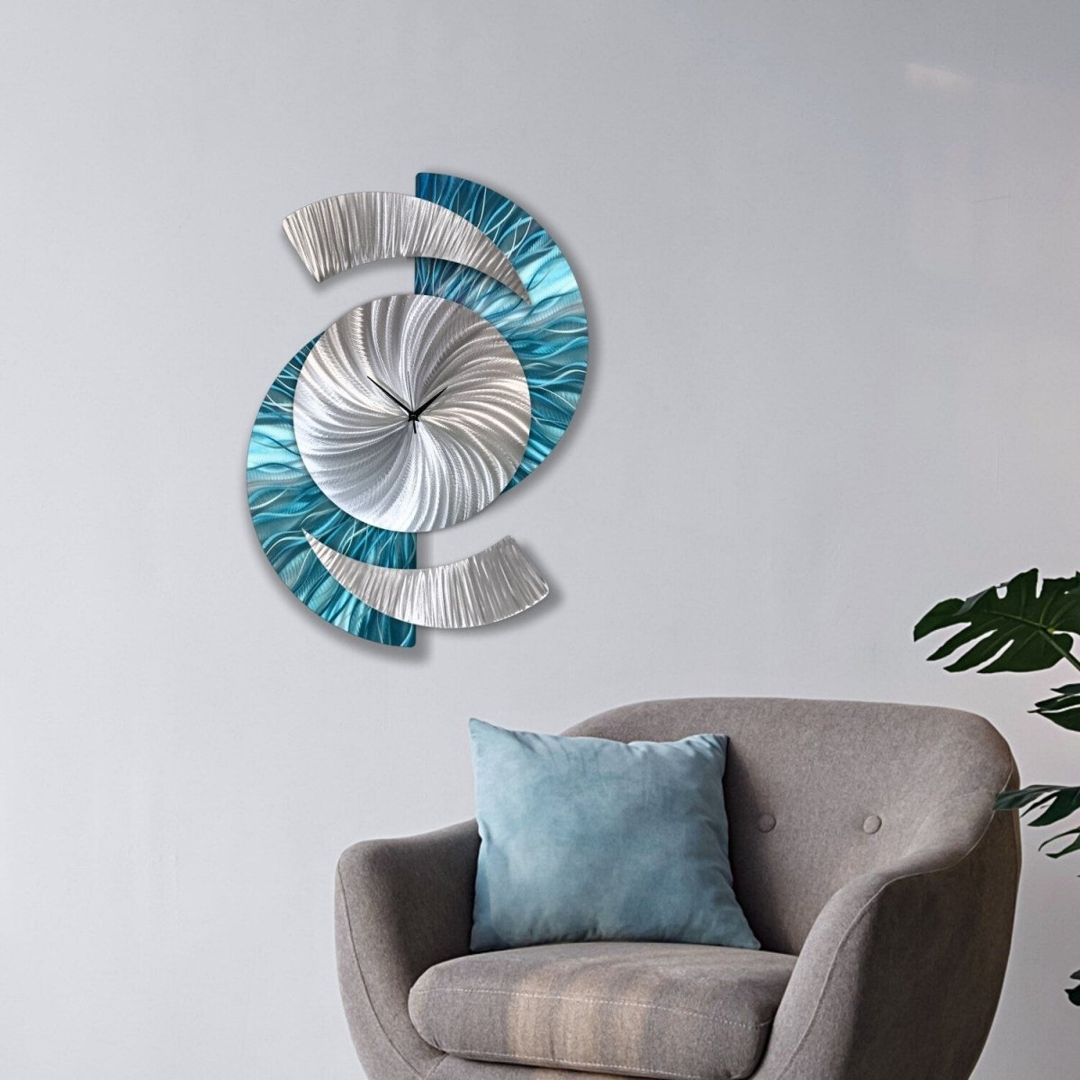 Blue & Silver Metal Wall Clock – Unique Abstract Wall Sculpture for Home or Office 18x24" - Modern Elements Metal Art - INV69932SM