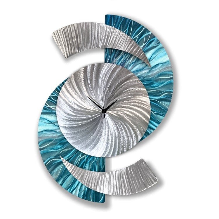 Blue & Silver Metal Wall Clock – Unique Abstract Wall Sculpture for Home or Office 18x24" - Modern Elements Metal Art - INV69932SM