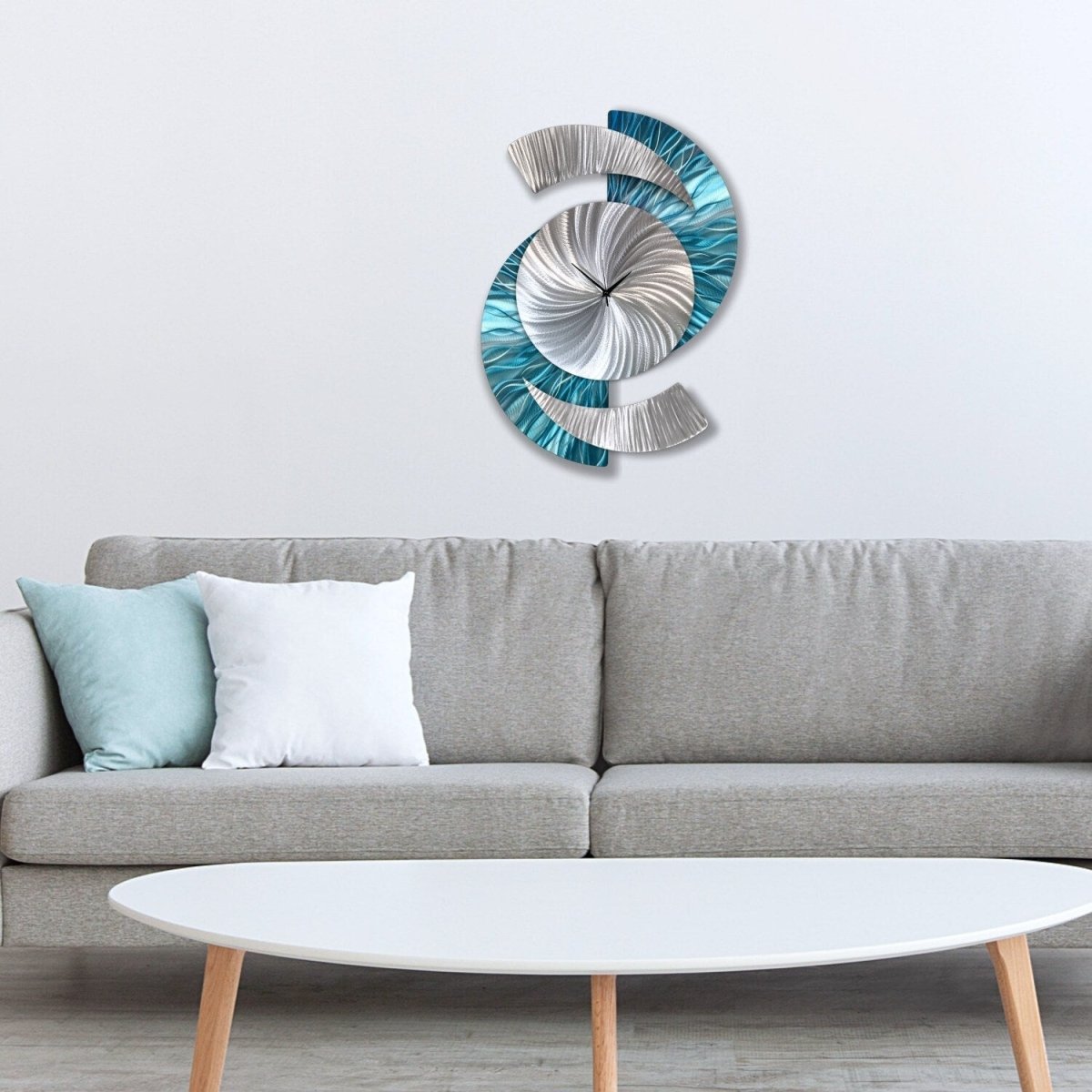 Blue & Silver Metal Wall Clock – Unique Abstract Wall Sculpture for Home or Office 18x24" - Modern Elements Metal Art - INV69932SM
