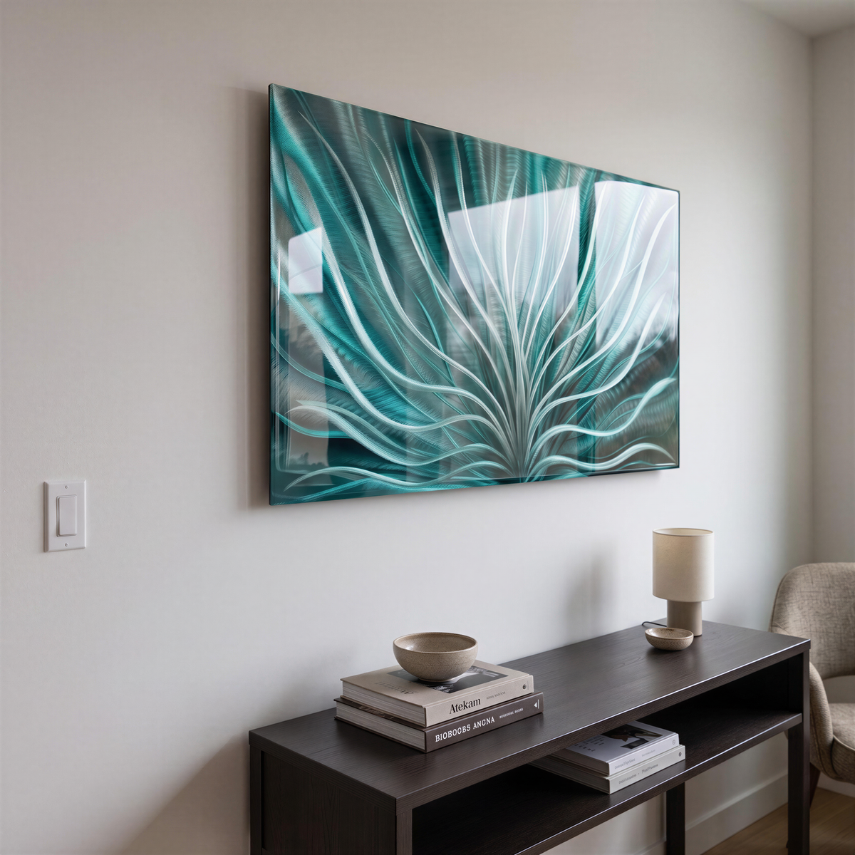 a painting hanging on a wall next to a table