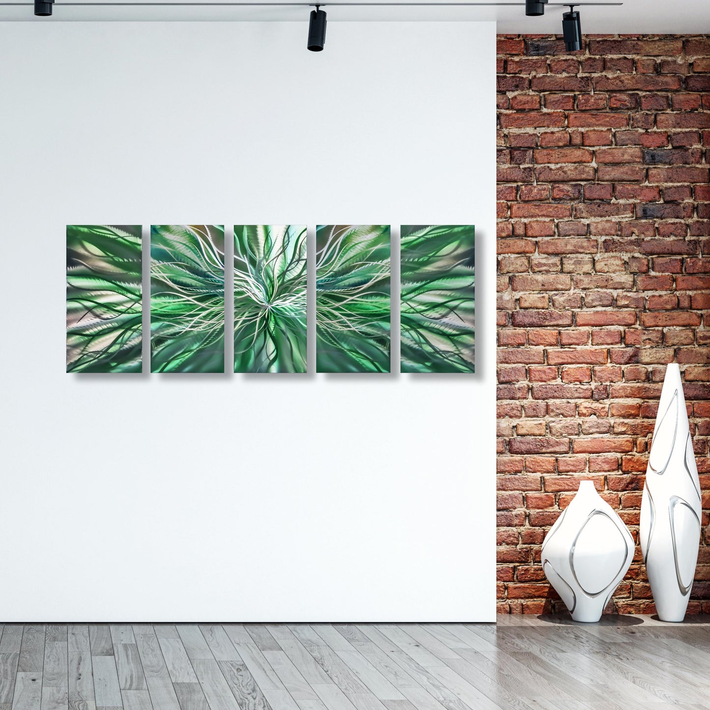 Green Metal Wall Art Set Titled Radiation - Modern Elements Metal Art - ME98489ZX