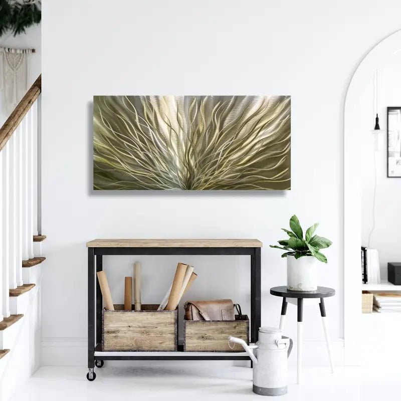 Green Wall Artwork Titled "Inbloom" (Green Gold Edition) - Modern Elements Metal Art - 456789