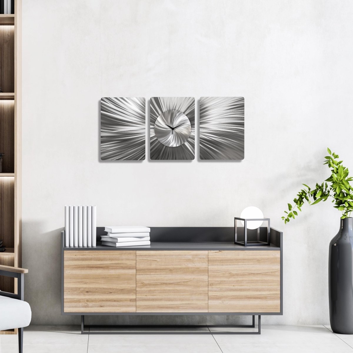 Handmade 3 - Piece Modern Silver Wall Clock | Unique Etched Alloy Art - Modern Elements Metal Art - ME66282