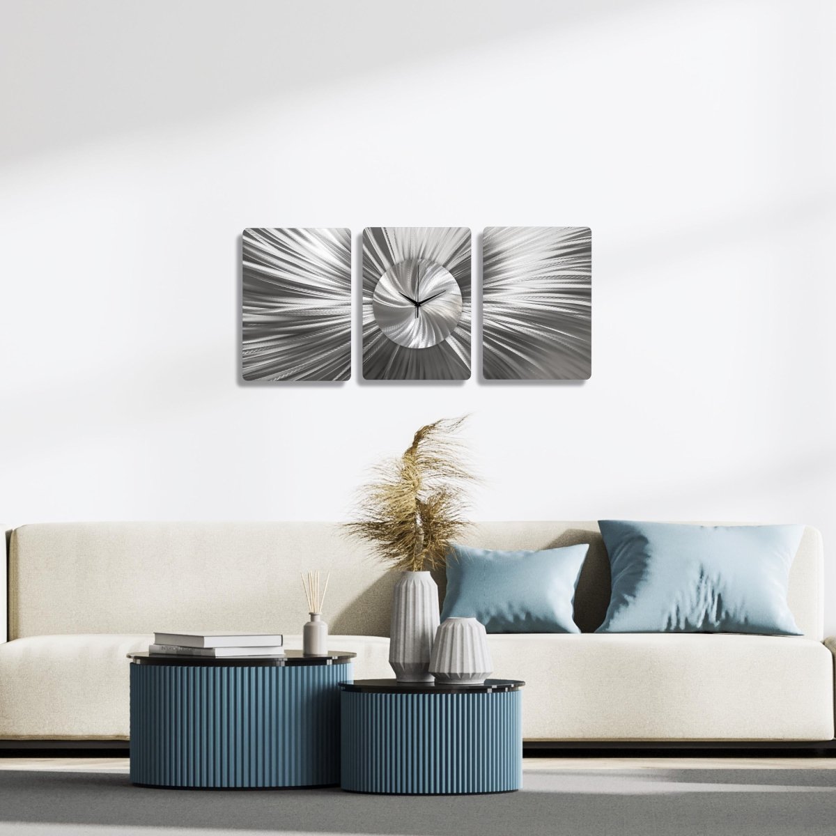 Handmade 3 - Piece Modern Silver Wall Clock | Unique Etched Alloy Art - Modern Elements Metal Art - ME66282
