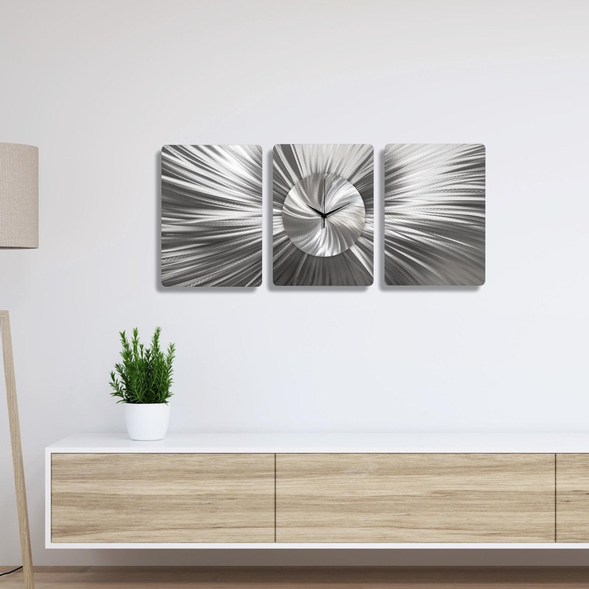 Handmade 3 - Piece Modern Silver Wall Clock | Unique Etched Alloy Art - Modern Elements Metal Art - ME66282