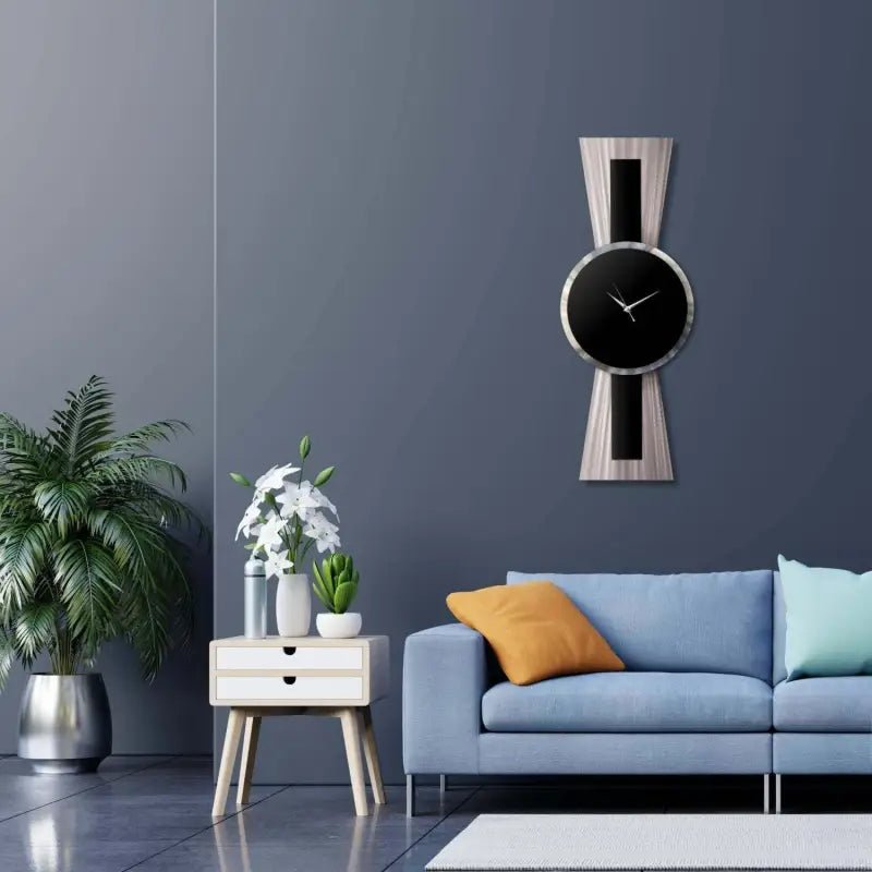 Large Black and Silver Wall Clock Titled Sentinel - Modern Elements Metal Art - MJSIOH5578