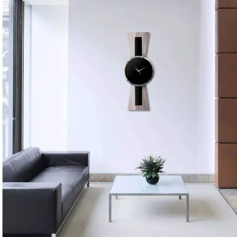 Large Black and Silver Wall Clock Titled Sentinel - Modern Elements Metal Art - MJSIOH5578