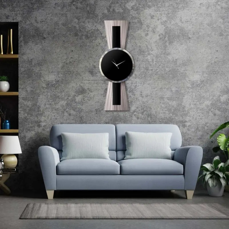 Large Black and Silver Wall Clock Titled Sentinel - Modern Elements Metal Art - MJSIOH5578