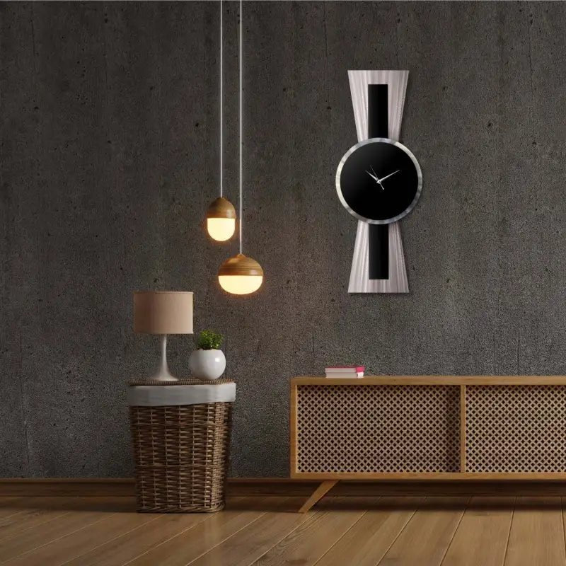 Large Black and Silver Wall Clock Titled Sentinel - Modern Elements Metal Art - MJSIOH5578