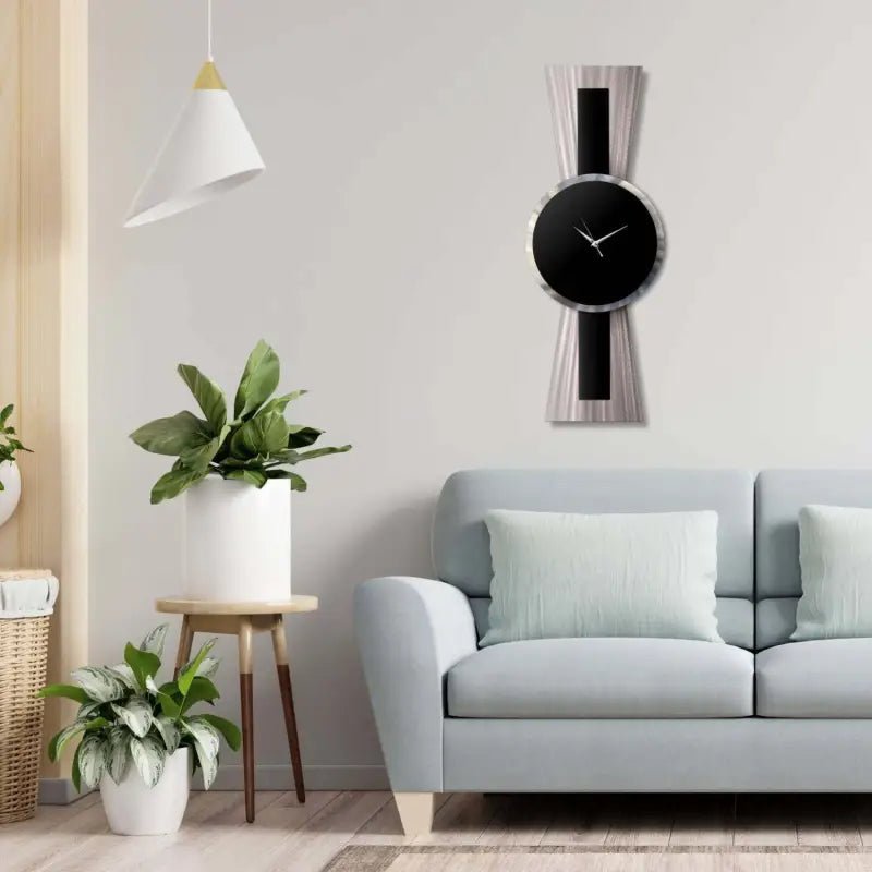 Large Black and Silver Wall Clock Titled Sentinel - Modern Elements Metal Art - MJSIOH5578