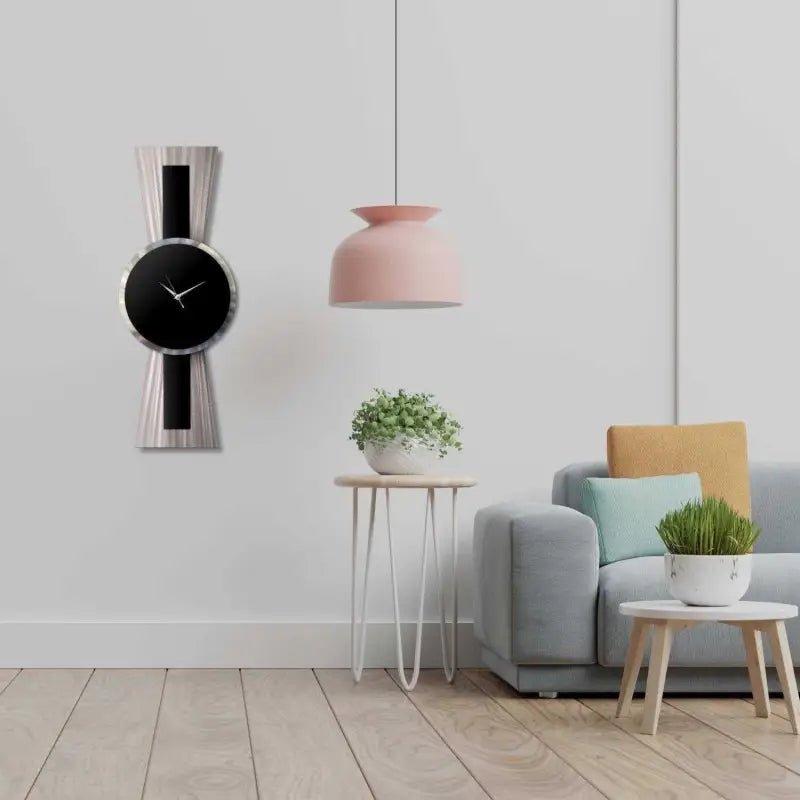 Large Black and Silver Wall Clock Titled Sentinel - Modern Elements Metal Art - MJSIOH5578