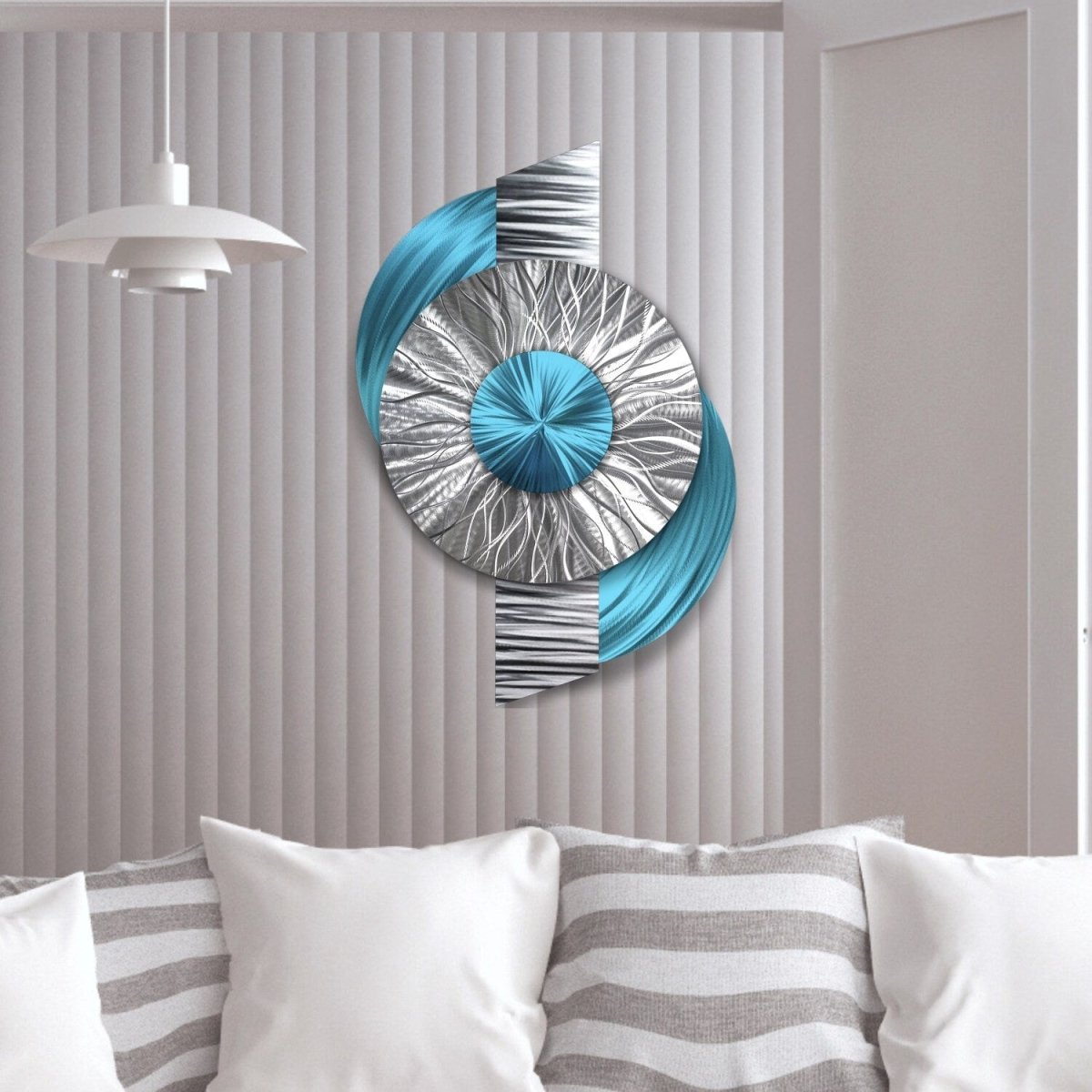 Large Geometric Metal Wall Sculpture - Modern Silver Turquoise Abstract Art - Modern Elements Metal Art - INV363602
