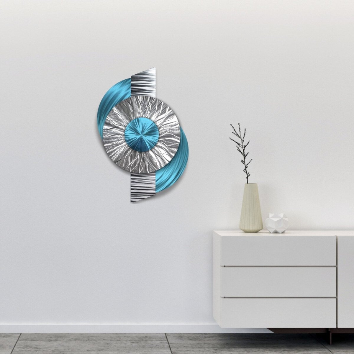 Large Geometric Metal Wall Sculpture - Modern Silver Turquoise Abstract Art - Modern Elements Metal Art - INV363602